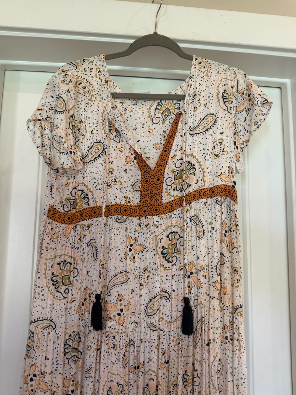 Patrons of Peace Cream Paisley Midi Dress with Mustard Trim